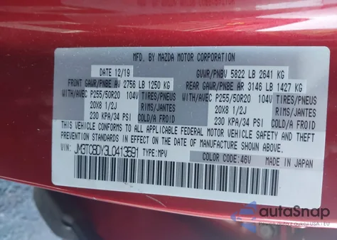 2020 Mazda Cx-9 Grand Touring from USA, damaged, VIN JM3TCBDY3L0413591